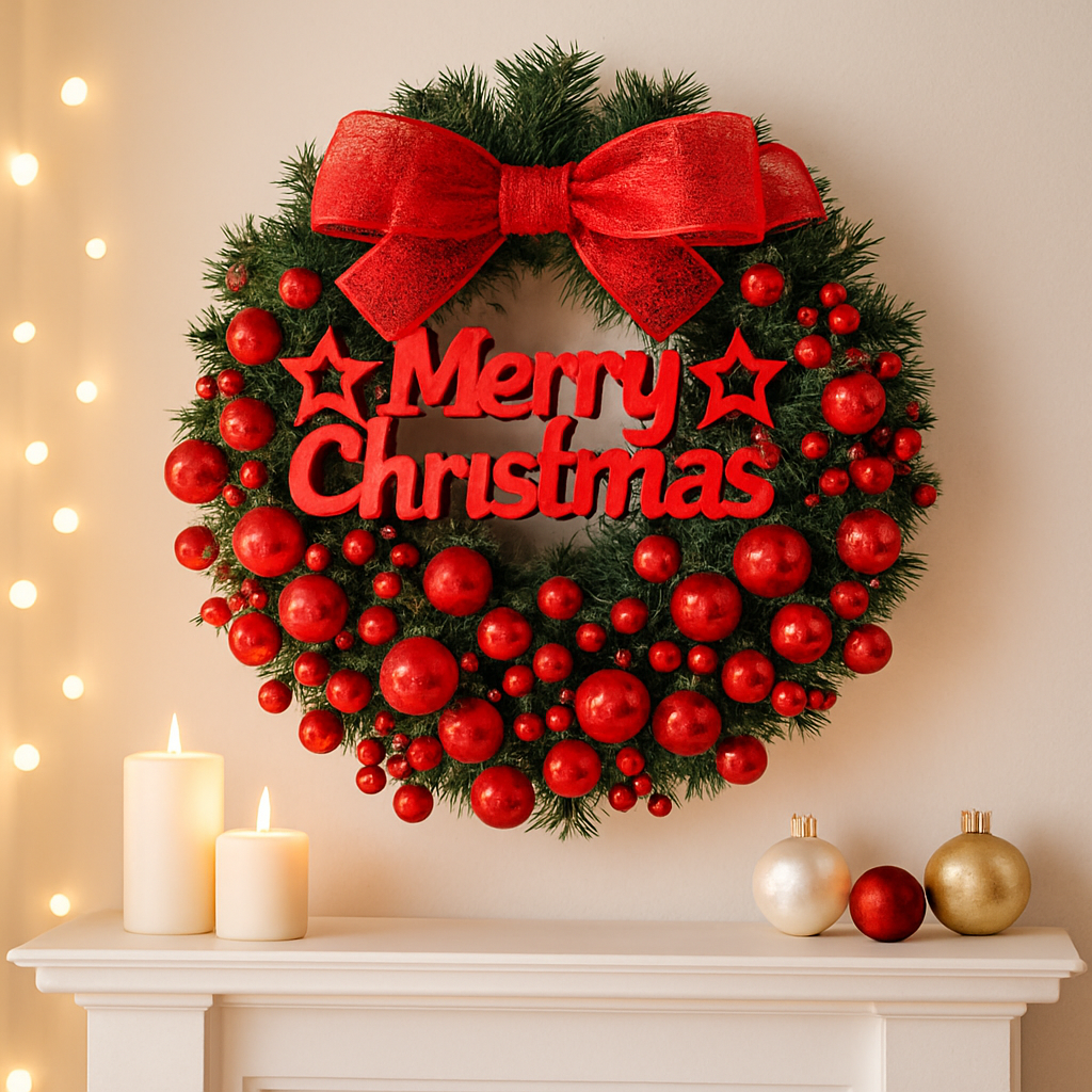 Couronne de Noël rouge avec ruban et boules rouges scintillantes, décoration festive traditionnelle pour maison
