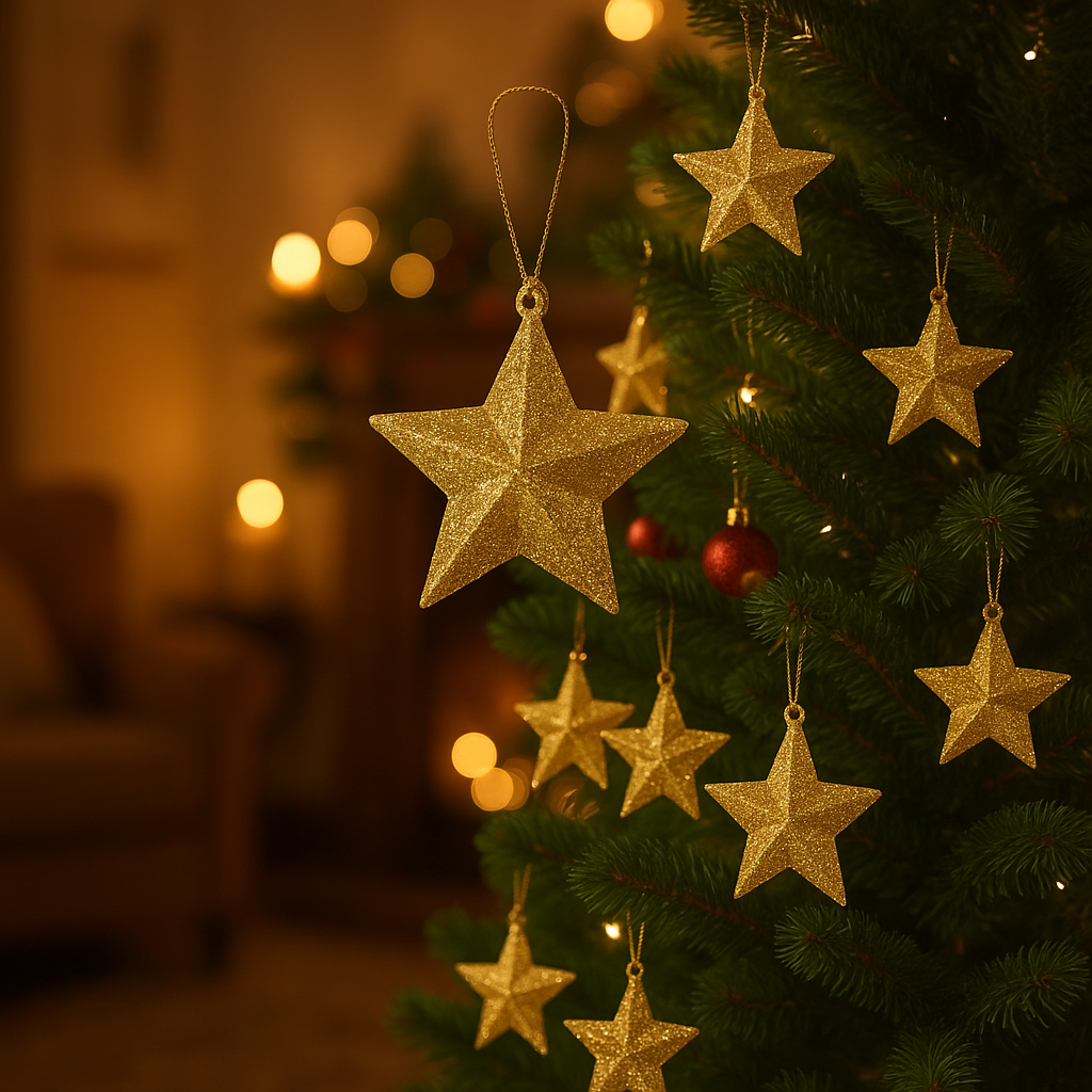 Gros plan sur Décoration Noël – Étoile Glitter Or Éclat Suprême™, finition pailletée or pour sapin.