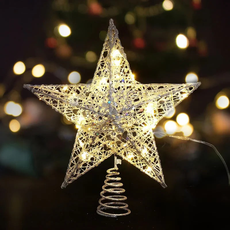 Étoile argentée lumineuse pour sapin de Noël, finition glitter et lumière LED éclatante.