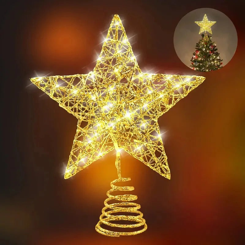 Étoile dorée scintillante pour sommet de sapin, décoration festive haute brillance.