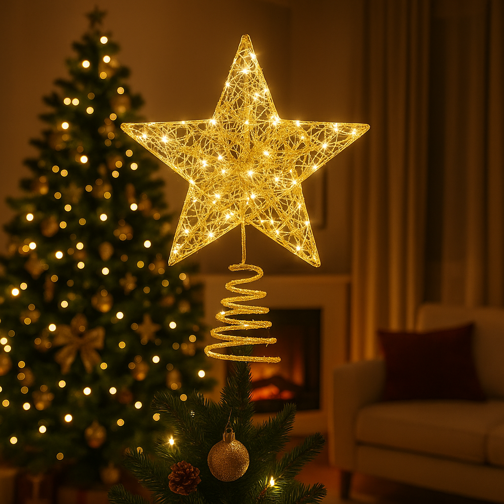 Pentagramme métallique doré avec paillettes, décoration de sapin haute qualité pour fêtes de Noël.
