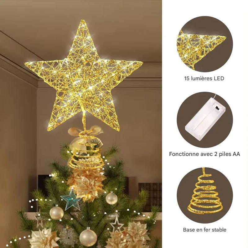Vue détaillée des composants de la décoration étoile de Noël, structure en fer et surface pailletée.
