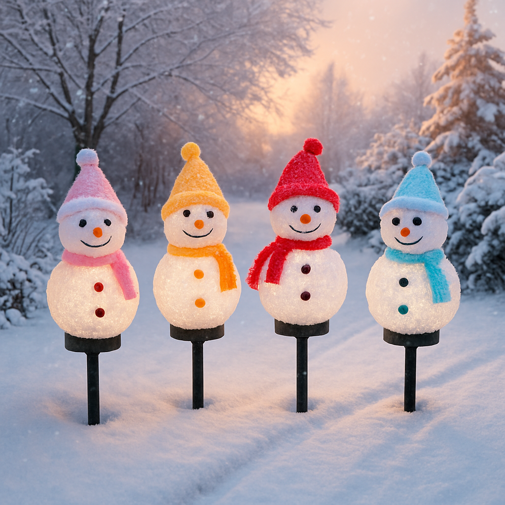 Lampe Solaire Snowman™ installée dans un jardin enneigé pour une décoration extérieure de Noël féérique