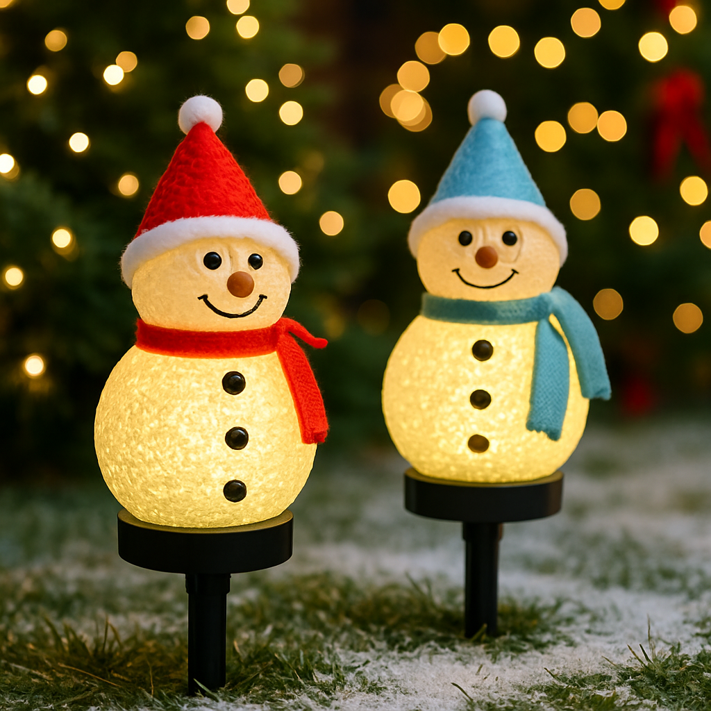 Lampe Solaire Snowman™ éclairant une allée de jardin pour créer une ambiance festive en extérieur