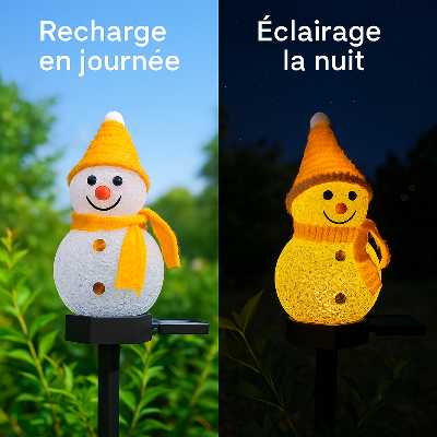 Lampe Solaire Snowman™ illuminée la nuit avec LED blanc chaud et recharge solaire automatique au lever du soleil"