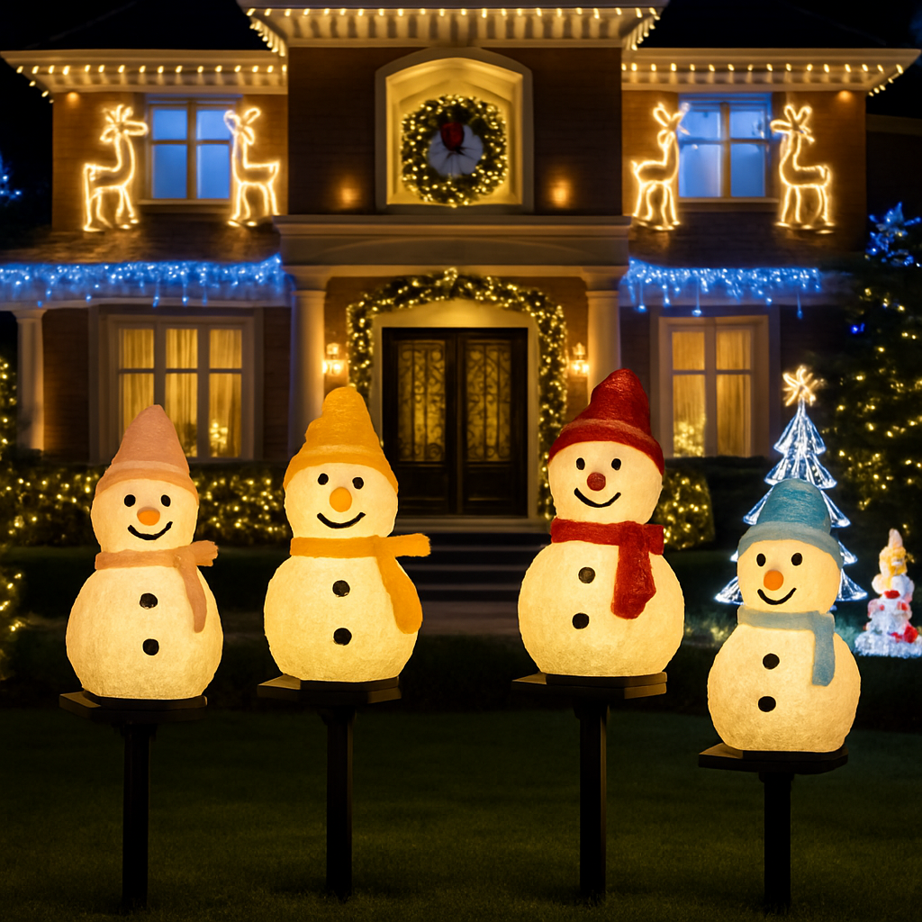 Variantes colorées de la Lampe Solaire Snowman™ en quatre modèles lumineux pour décoration de Noël extérieure"