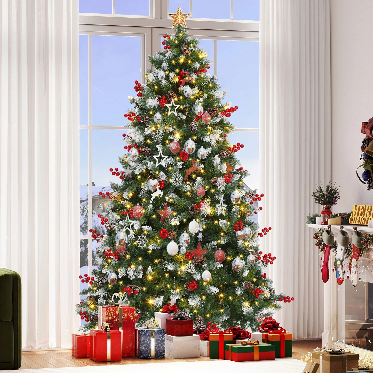 Arbre de Noël Neige Éclatante™ 1,82 m pré-décoré avec branches enneigées, cônes naturels et baies rouges"