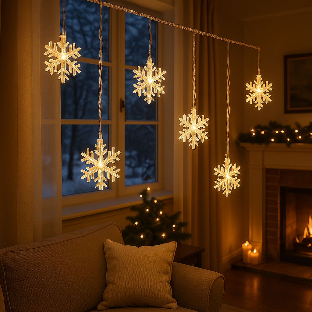 Décoration guirlande flocons LED blanc et or pour sapin et fenêtre
