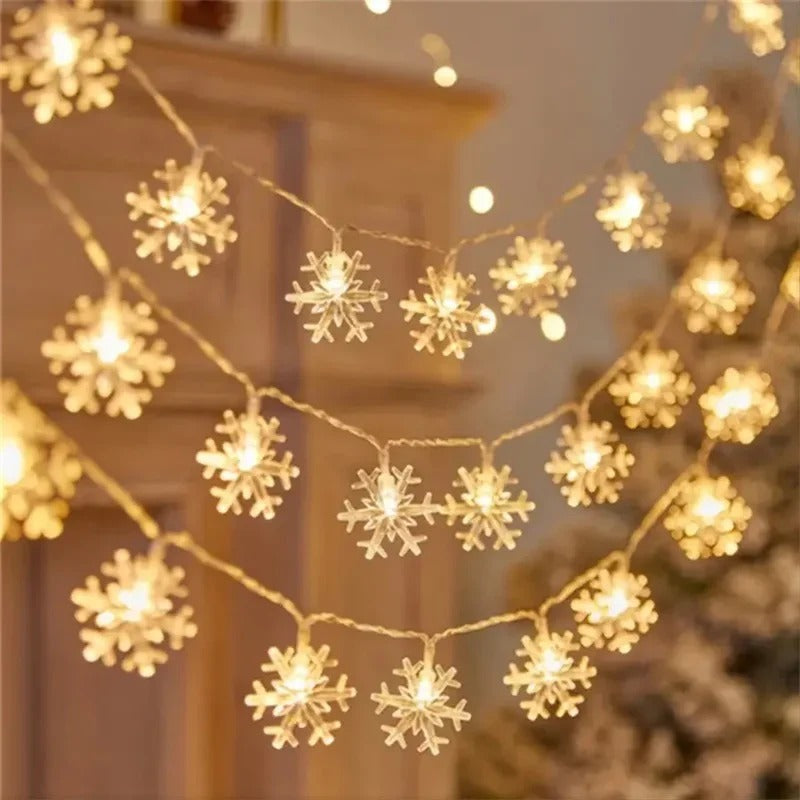 Guirlande LED flocons blanc doré pour décoration élégante de Noël