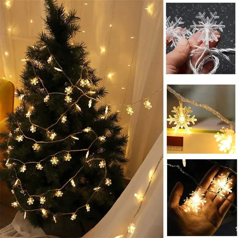 Guirlande flocons LED blanc doré décorative pour Noël et fêtes de fin d’année