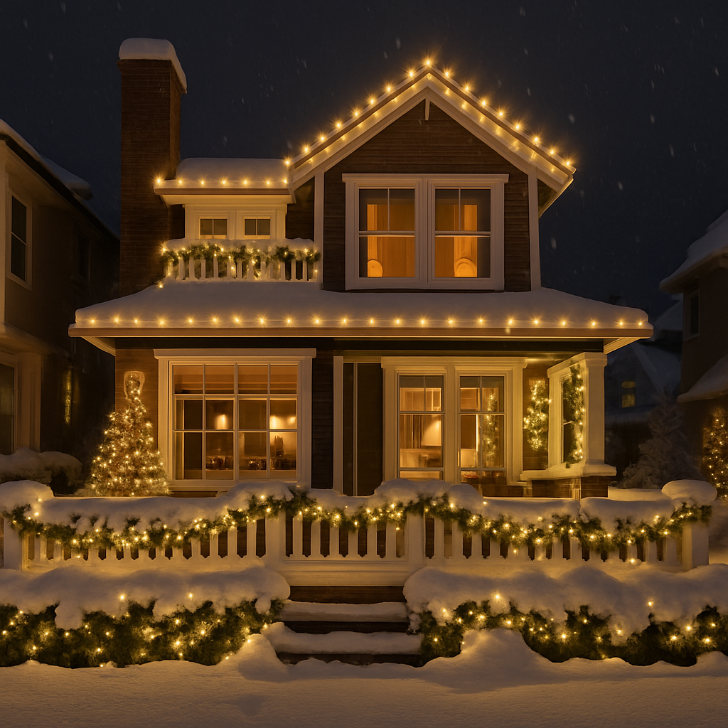 Maison décorée avec les Lumières Cuivrées™, guirlandes LED extérieures créant une ambiance féerique."