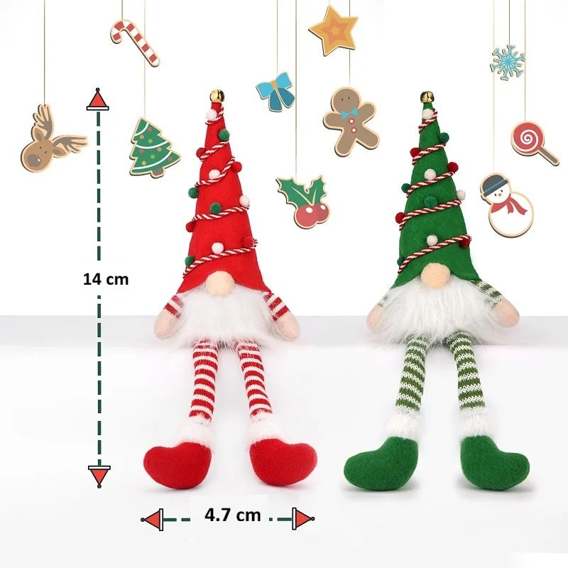 Ensemble de lutins lumineux de Noël avec bonnets colorés et longues jambes décoratives devant paysage enneigé