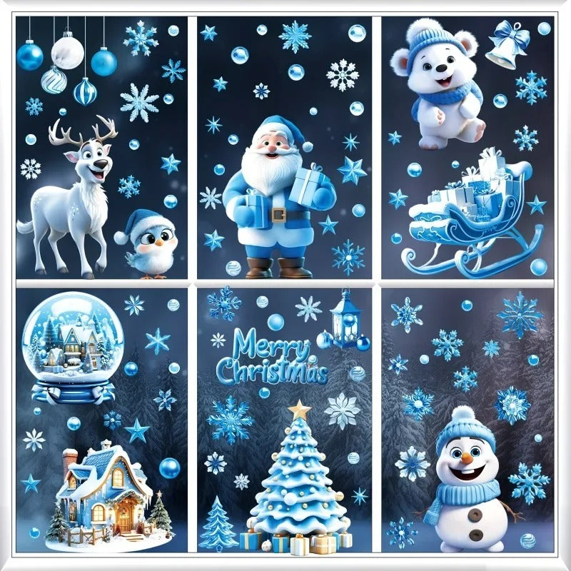 Stickers Noël bleus – flocons et décorations hivernales pour vitrages.