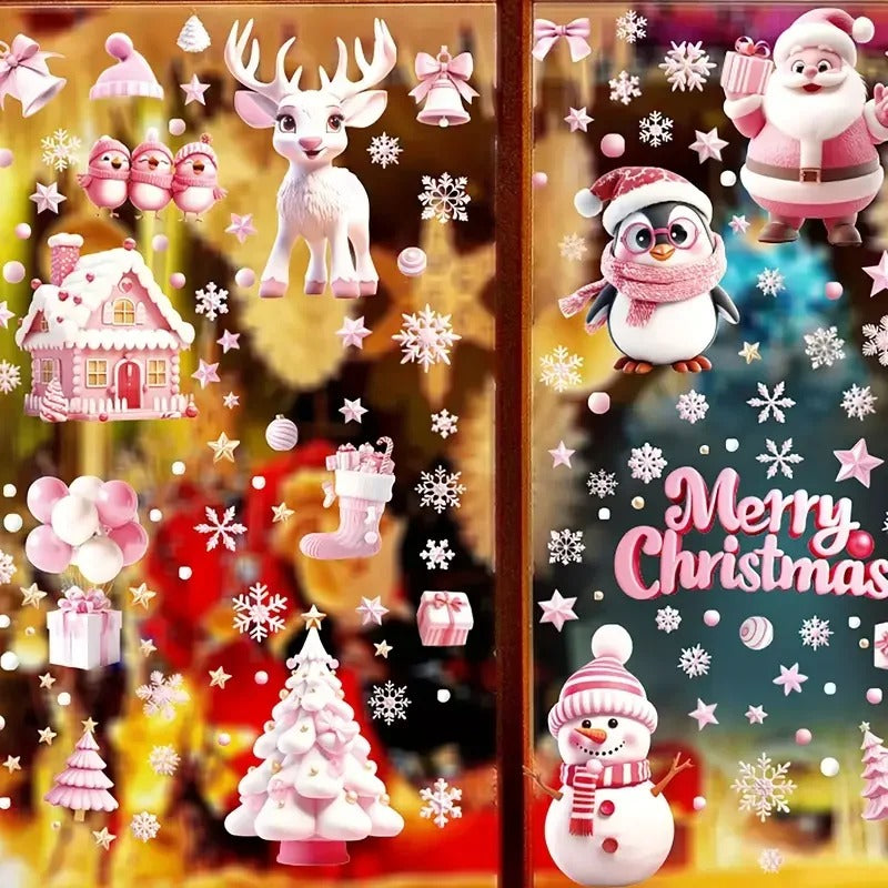 Stickers fenêtre Noël rose – motifs doux pour décoration intérieure hivernale.