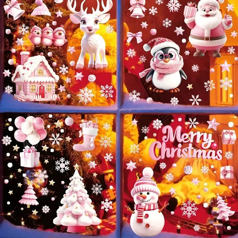 Autocollants statiques roses pour fenêtres de Noël – décorations réutilisables pour maison.