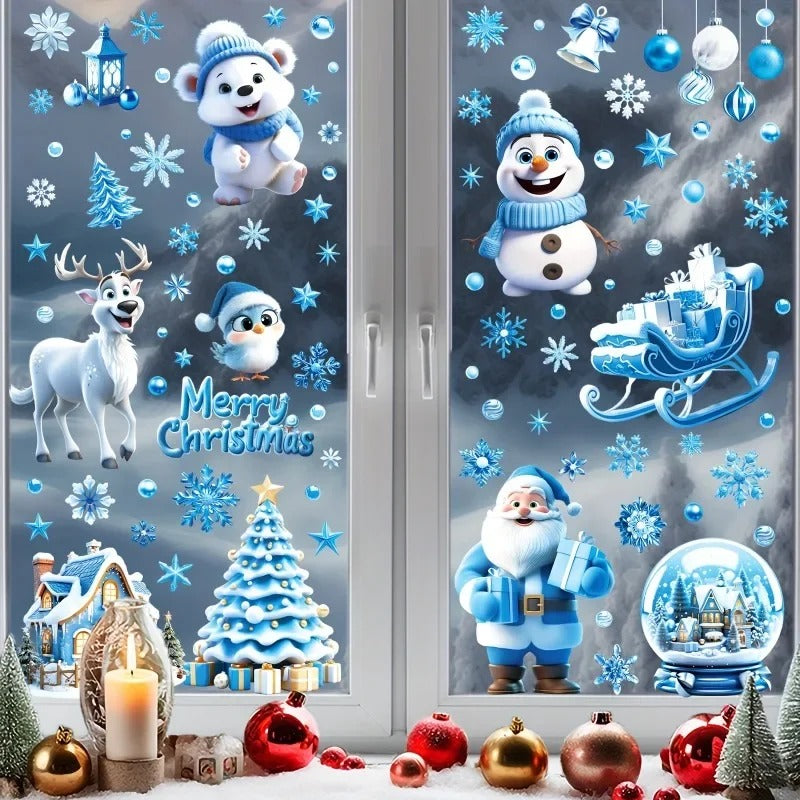 Décoration Noël bleu – stickers statiques pour fenêtres, motifs sapin et neige.
