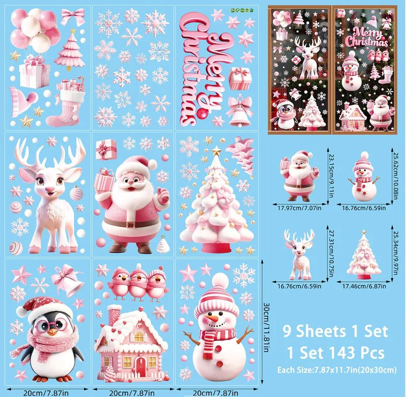 Sticker de Noël rose – sapins et flocons décoratifs pour fenêtre, design festif moderne.