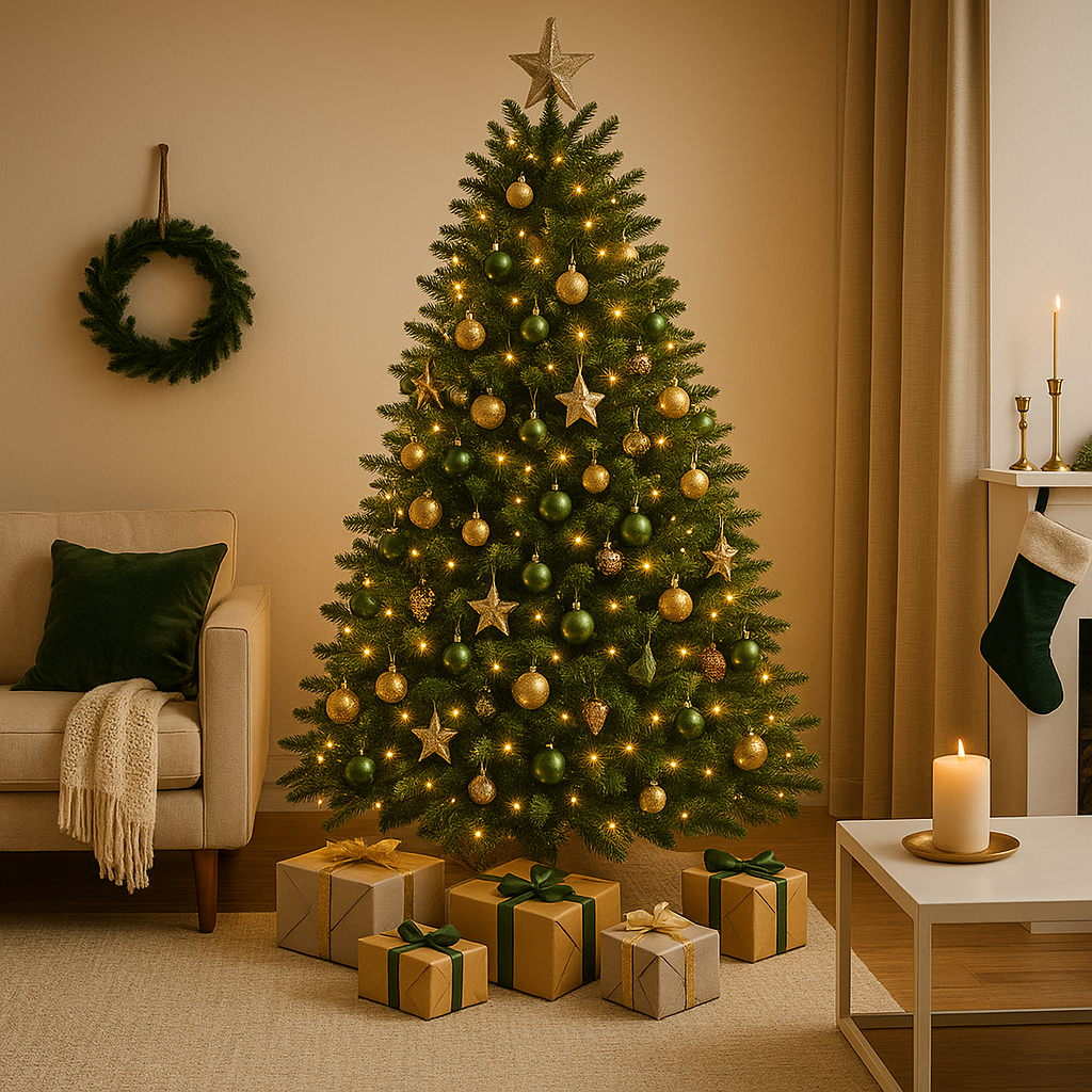 Arbre Christmas Éclat Royal™ installé dans un salon moderne, décoration de Noël élégante et chaleureuse.