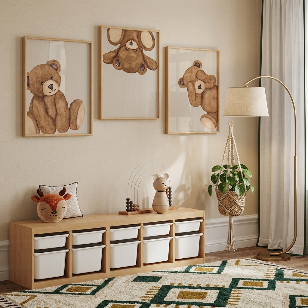 Tableau mural bébé ours cartoon rétro beige décoration chambre enfant moderne
