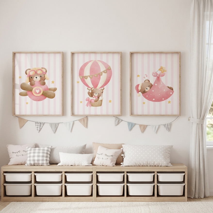 Tableau décoratif chambre bébé représentant un adorable ourson dans un univers féérique.