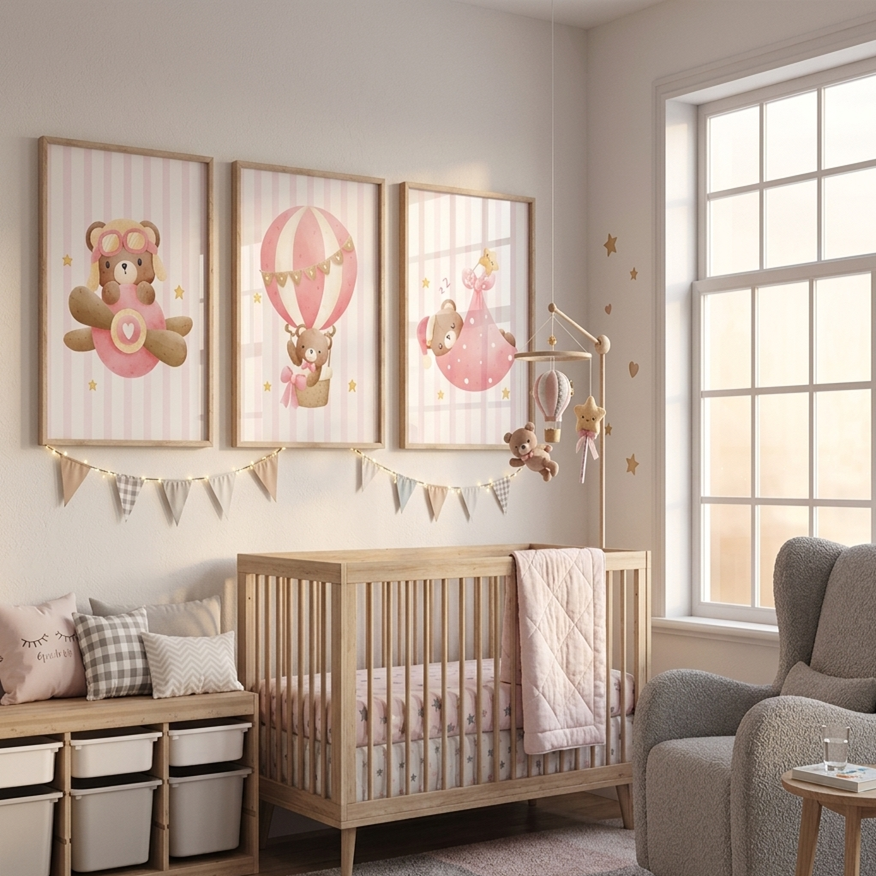 Décoration murale chambre bébé Ours Douce Nuit™ avec ourson et montgolfière rose pastel.