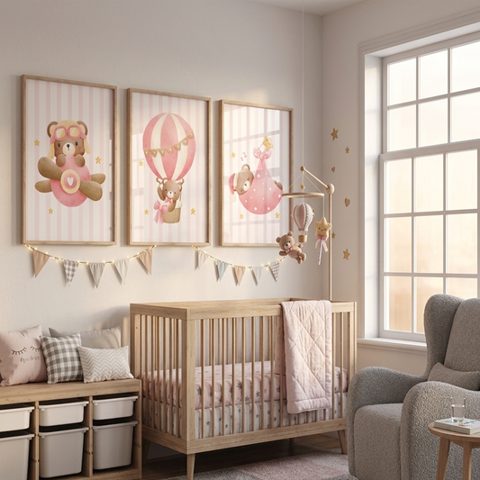 Décoration murale chambre bébé Ours Douce Nuit™ avec ourson et montgolfière rose pastel.