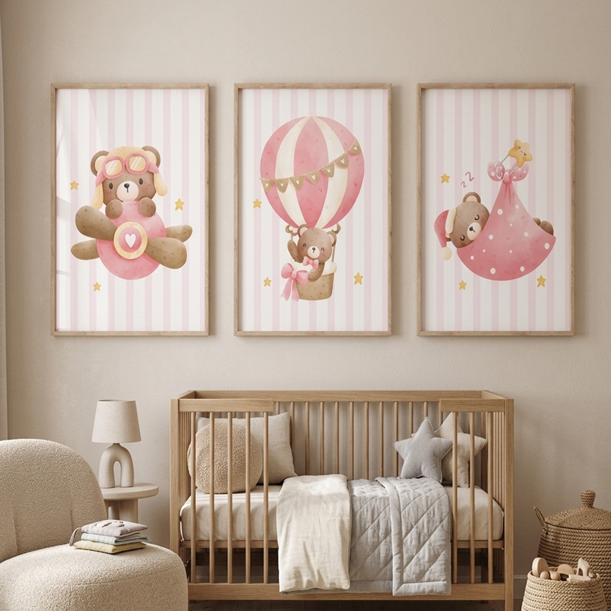 Affiche murale chambre bébé avec ours rêveur et étoiles aux couleurs douces.
