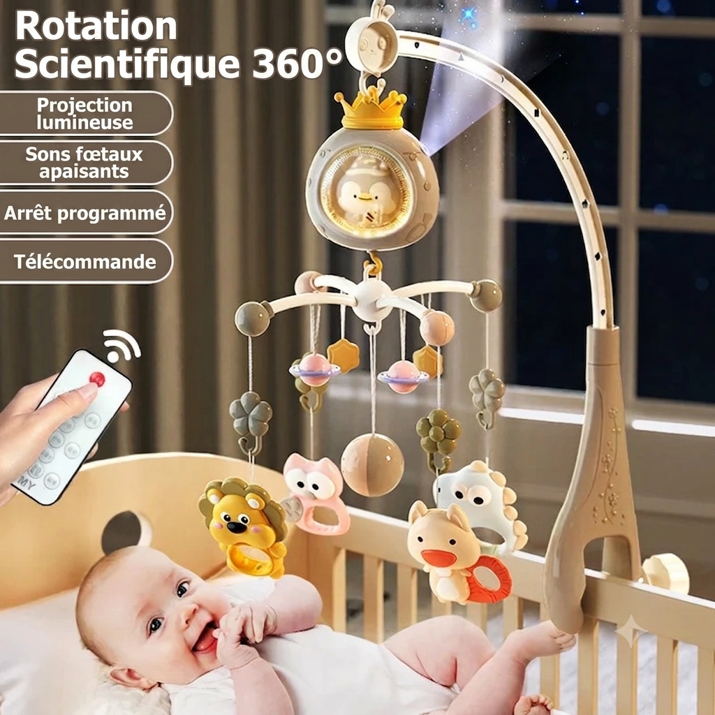 Mobile Musical Bébé Nuit Étoilée avec projection lumineuse créant un univers apaisant pour favoriser l’endormissement et l’éveil de bébé.