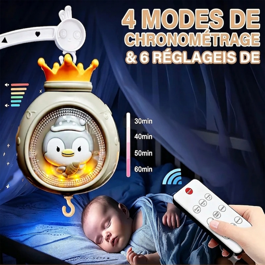 Mobile Musical Bébé Nuit Étoilée avec télécommande permettant de contrôler facilement la musique, la lumière et la projection à distance.