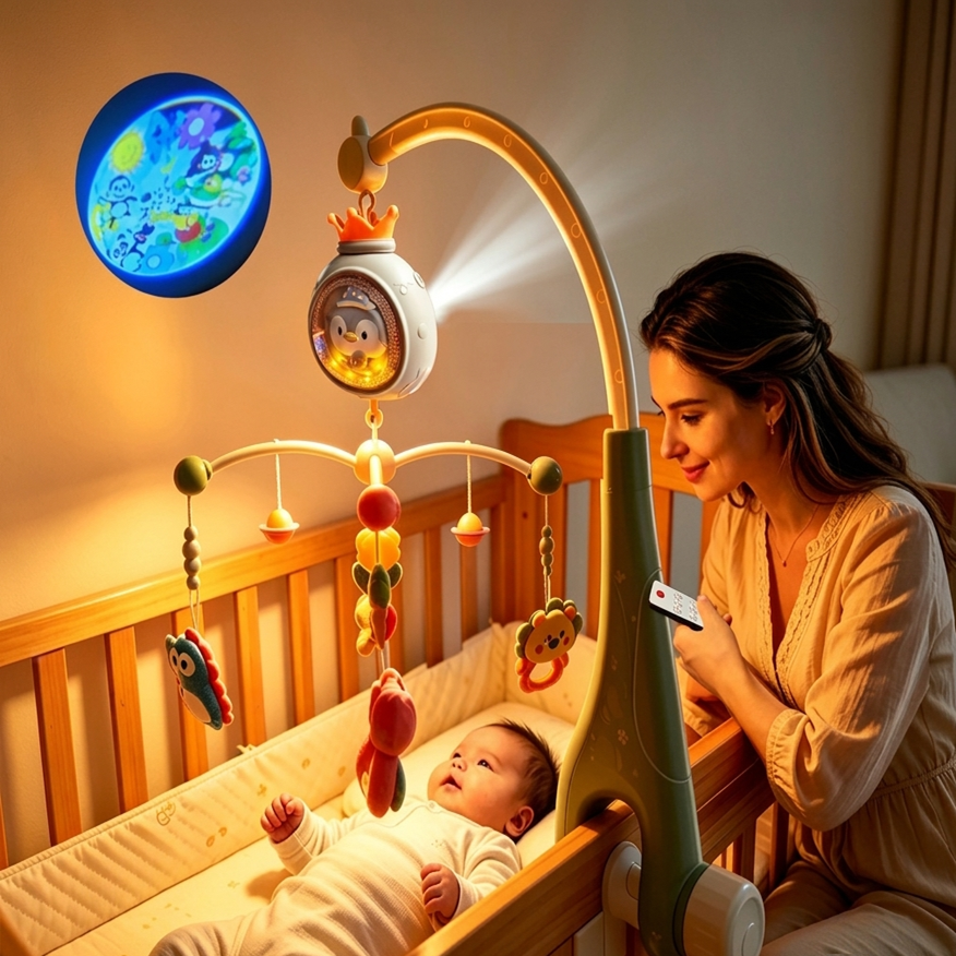 Mobile Musical Bébé Nuit Étoilée avec veilleuse douce créant une ambiance apaisante pour le sommeil et le confort de bébé.