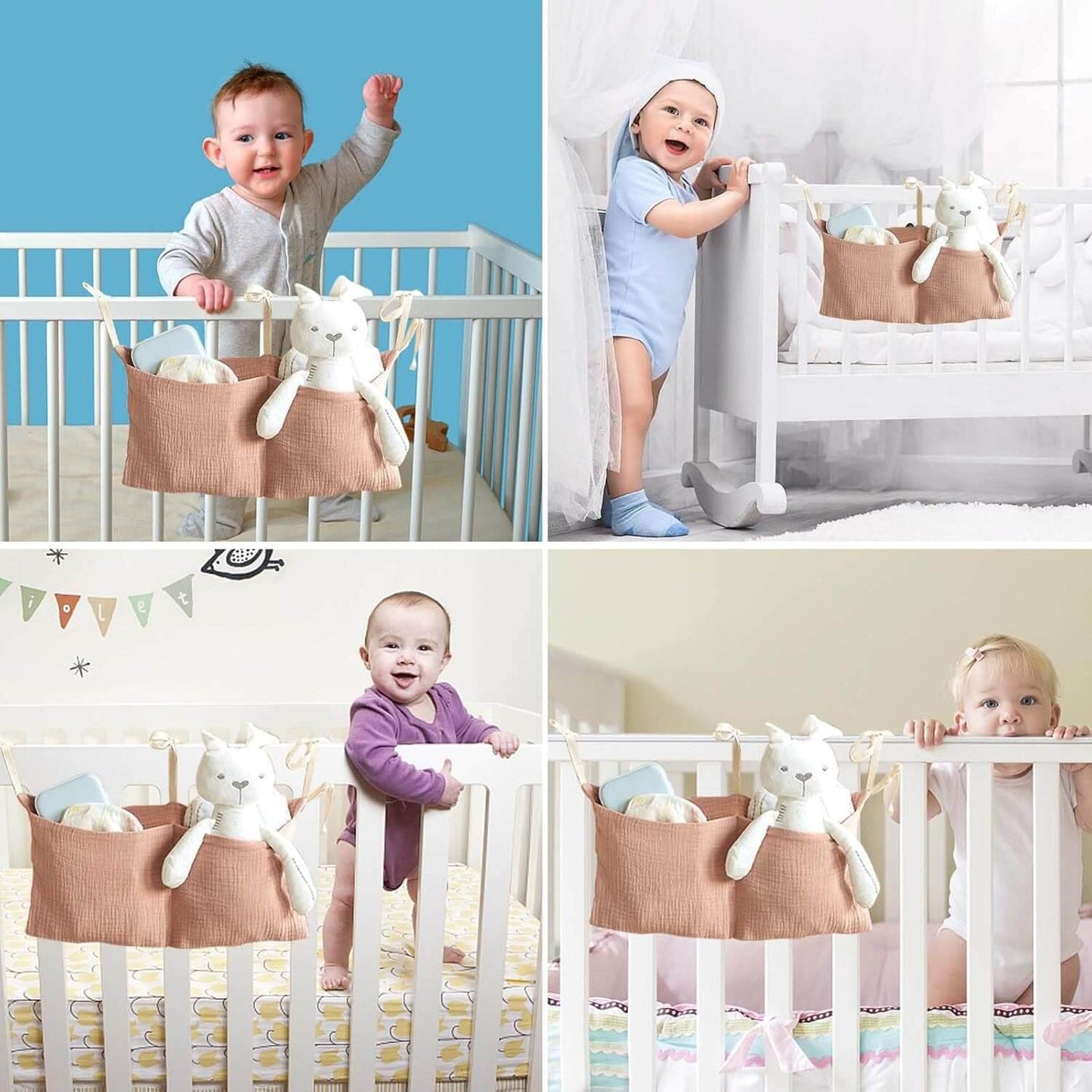 Pochette de lit bébé suspendue en gaz de coton beige accrochée au berceau
