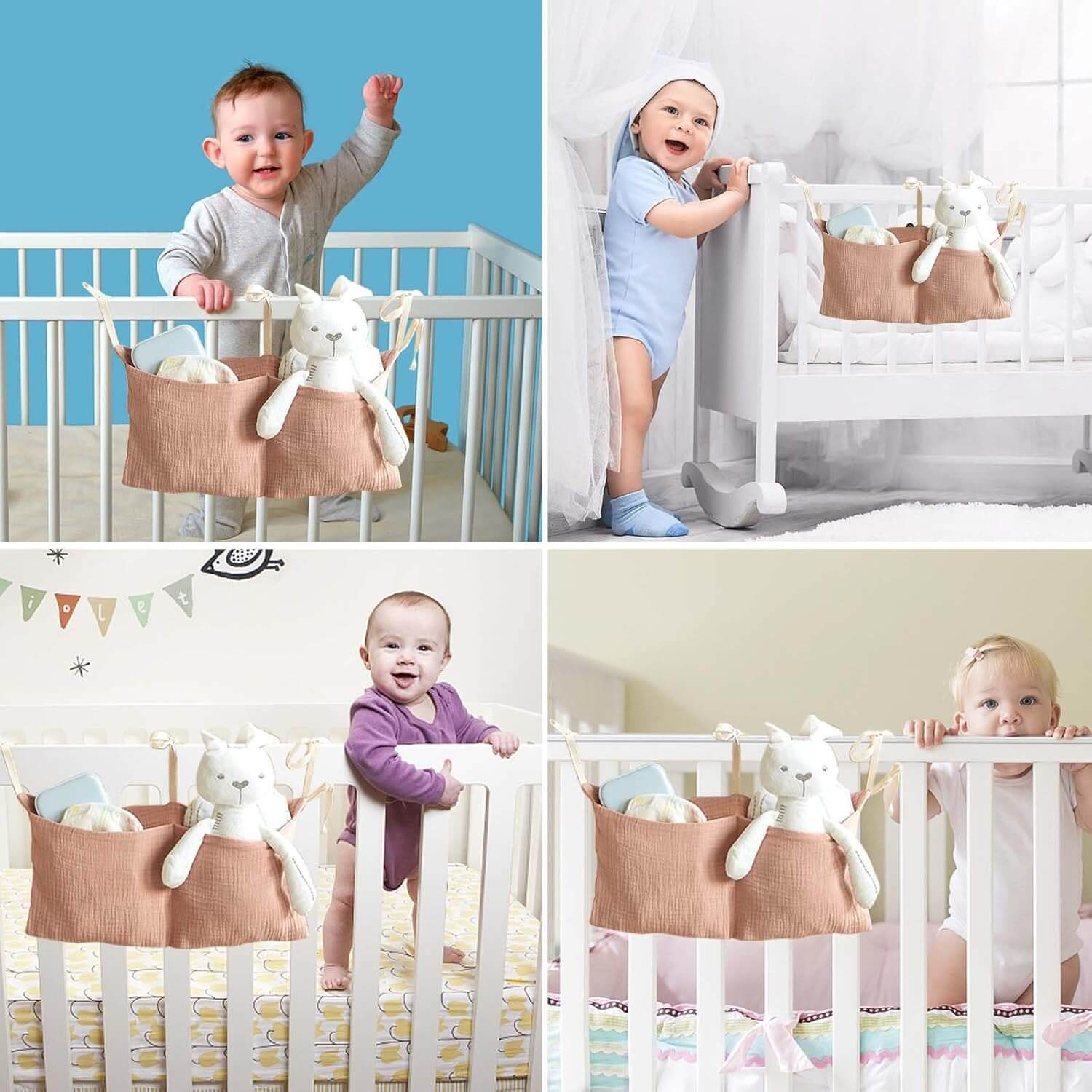 Pochette de lit bébé suspendue en gaz de coton beige accrochée au berceau