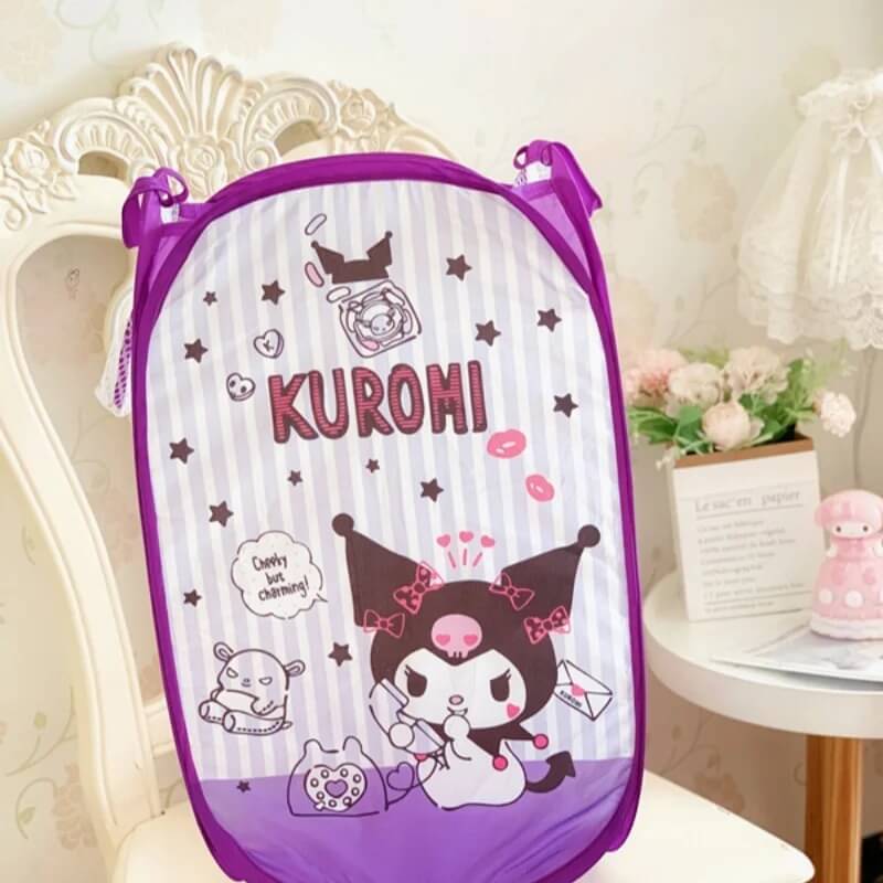 Panier de rangement motif Kuromi – Panier pliable noir et violet avec motif de Kuromi, le personnage espiègle de Sanrio, pour une touche originale.