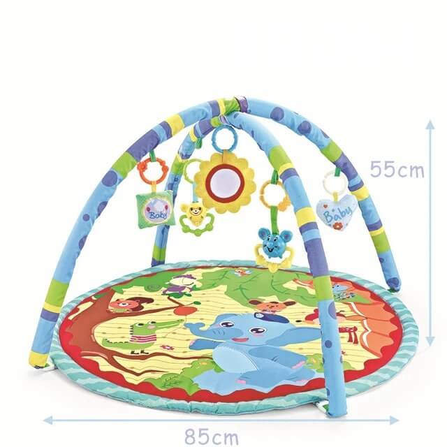 Tapis d’éveil Dreamy Play™ pour bébé, design coloré avec motifs d’animaux de la forêt, arche multicolore et jouets suspendus – 85 cm de diamètre, 55 cm de hauteur.