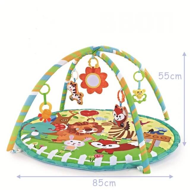 Tapis d’éveil Dreamy Play™ pour bébé, thème zoo avec illustrations ludiques, arche à rayures colorées et jouets d’éveil suspendus – 85 cm de diamètre, 55 cm de hauteur.