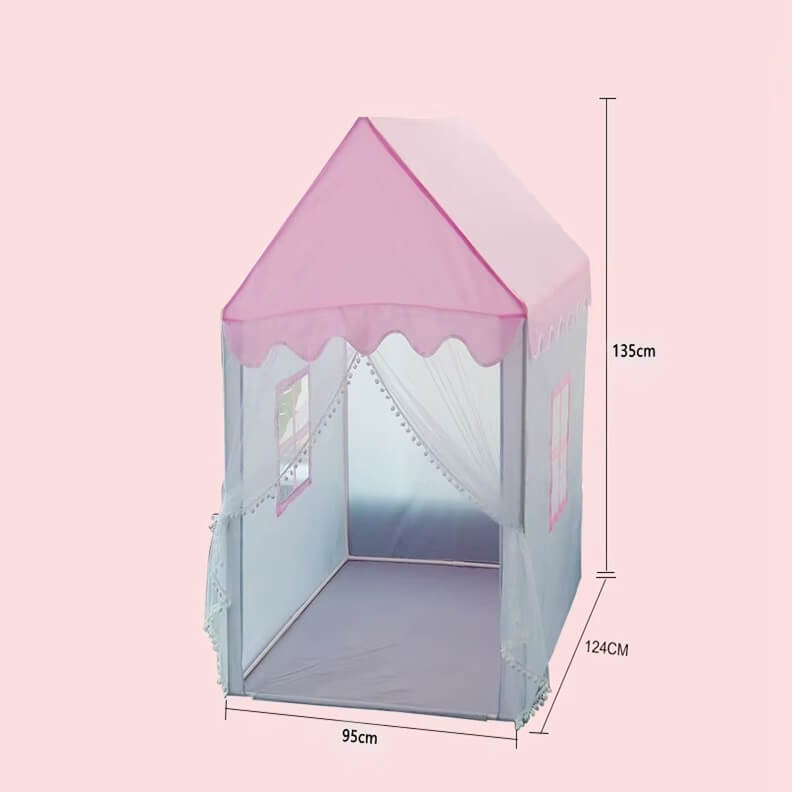 Schéma du Tipi Enfant Rosée Magique™ avec dimensions : 135 cm de long, 124 cm de large et 95 cm de hauteur, adapté à 2 à 4 enfants.