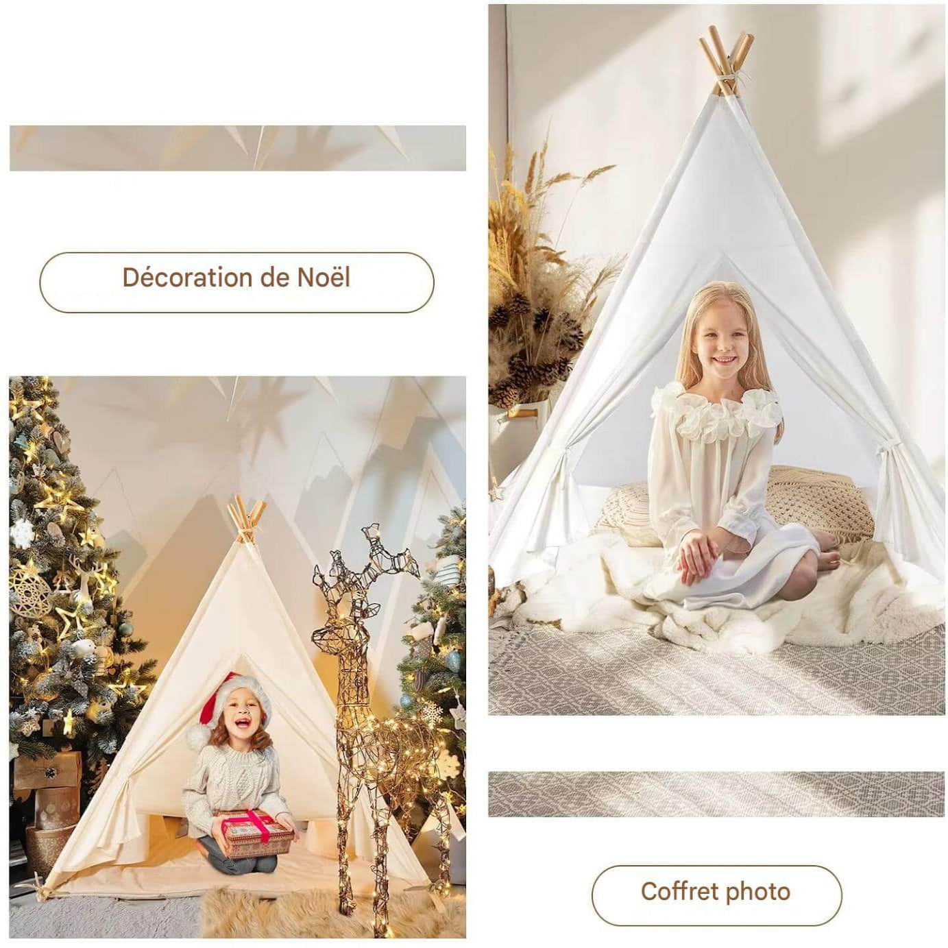 Tipi enfant SnowWhite™ décoré pour Noël avec guirlandes lumineuses, ambiance festive et coffre à jouets à côté