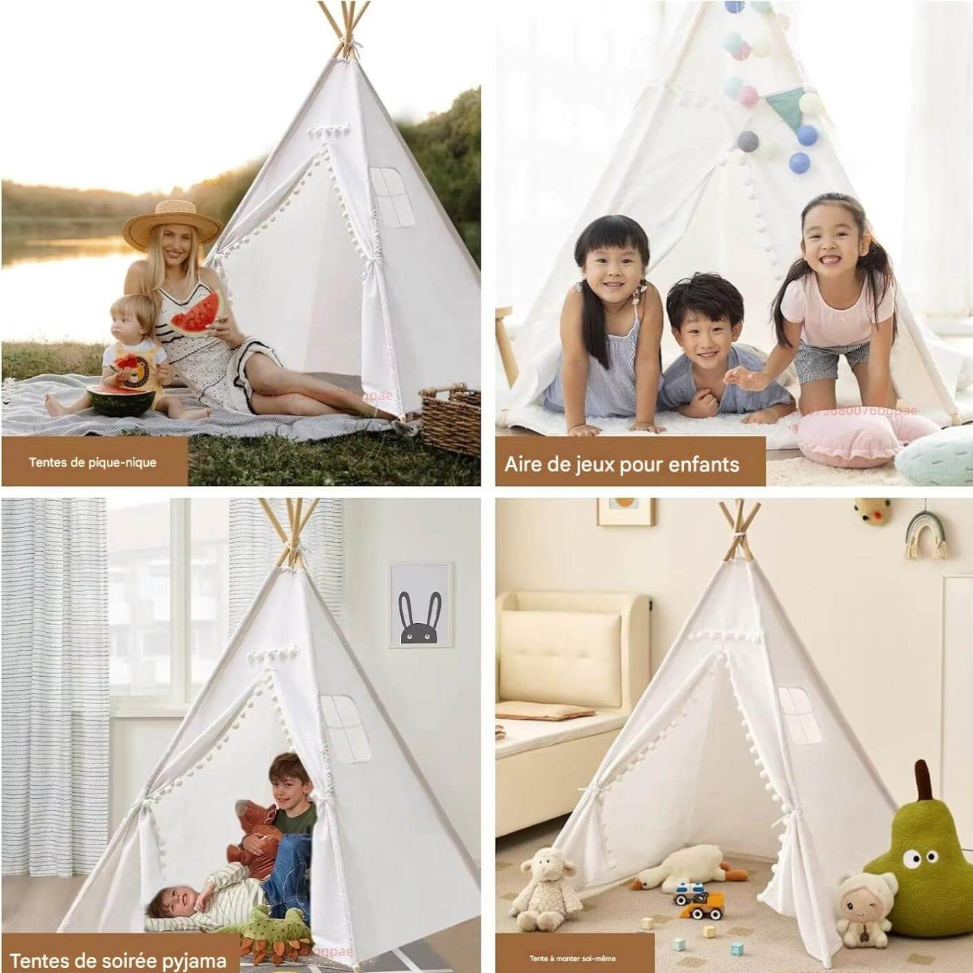 Tipi enfant SnowWhite™ utilisé comme tente pour soirée pyjama, aire de jeux pour enfant et tente de pique-nique en extérieur.