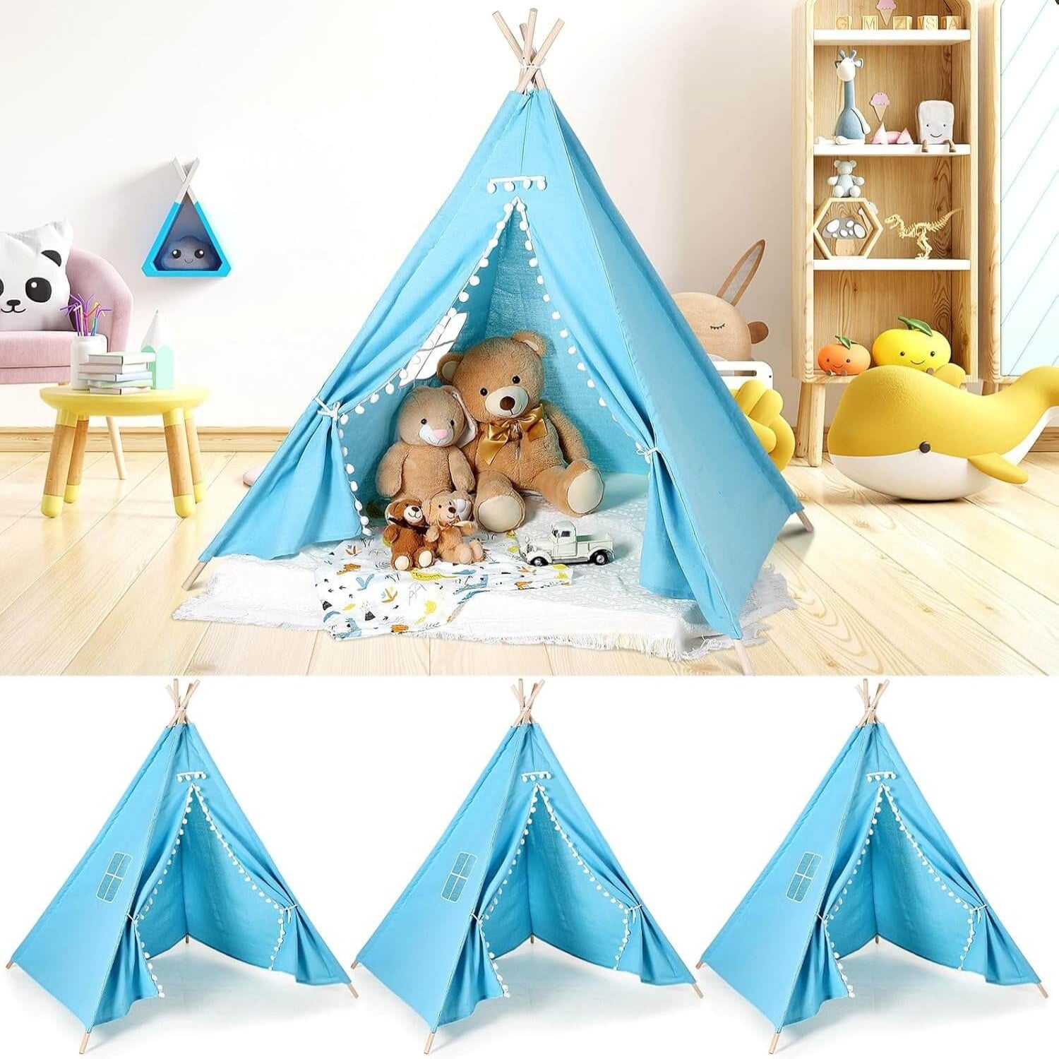 Tipi enfant installé dans une chambre décorée avec des peluches et coussins moelleux"