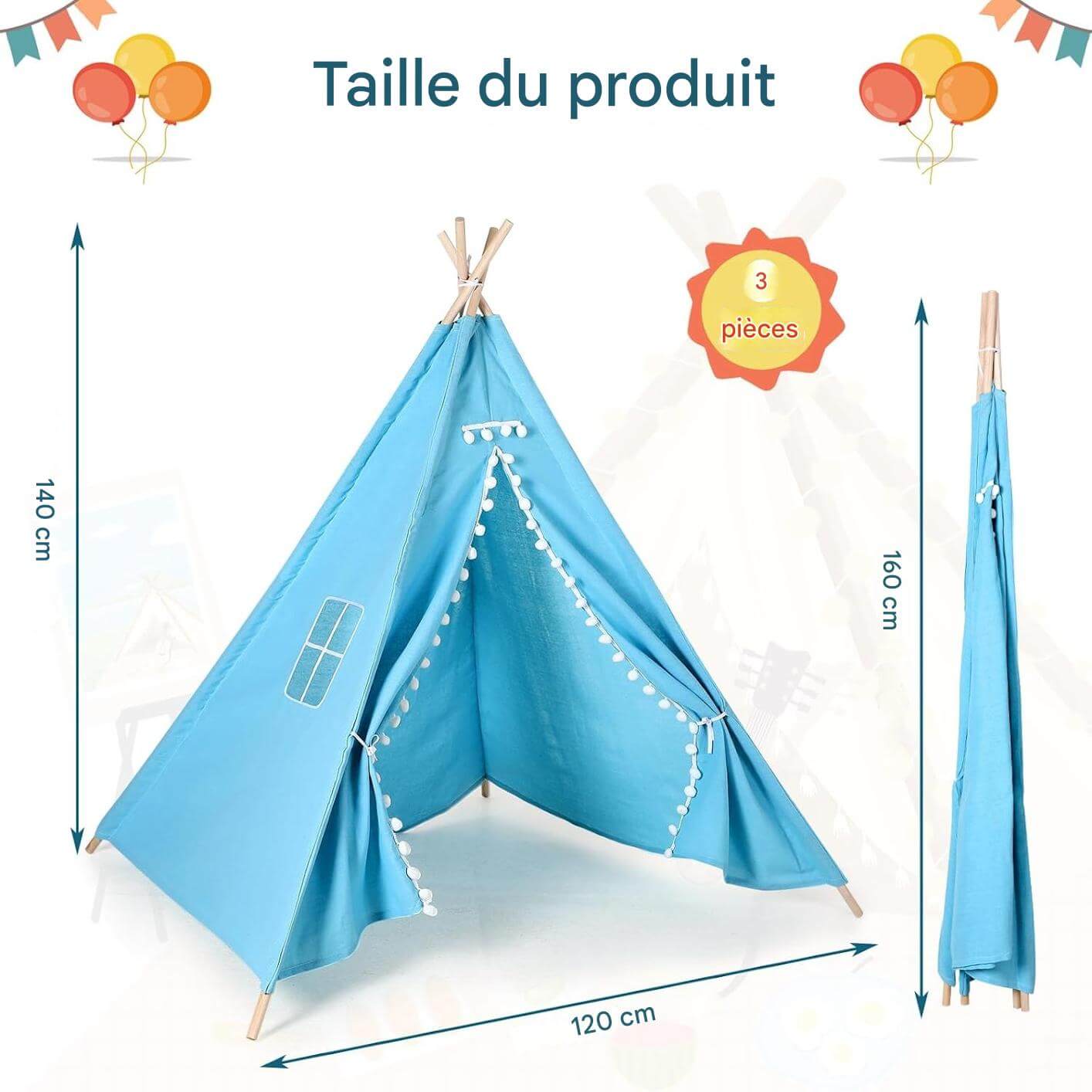 Dimensions du tipi enfant affichées avec détails en hauteur et largeur
