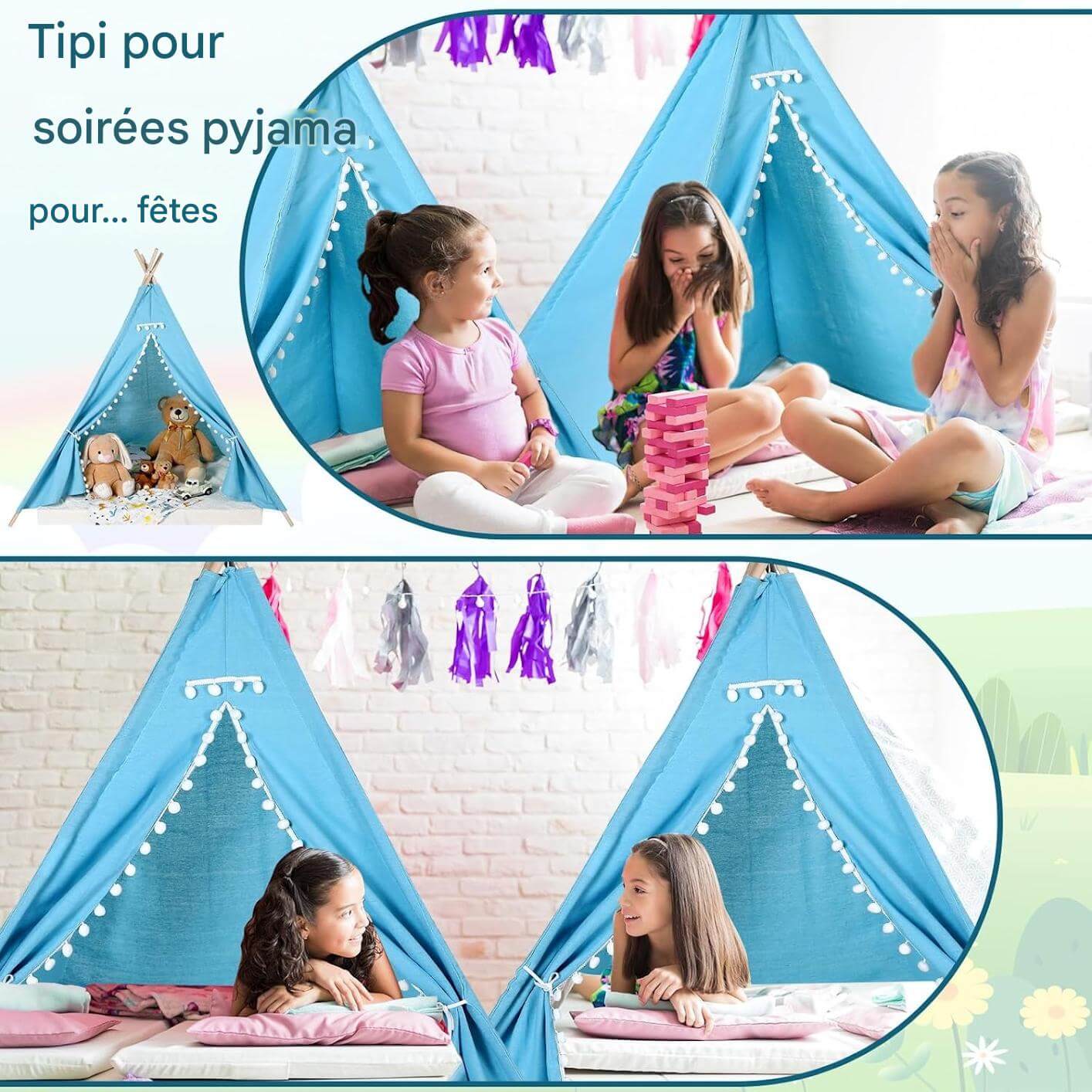 Enfants jouant dans un tipi lors d'une soirée pyjama amusante