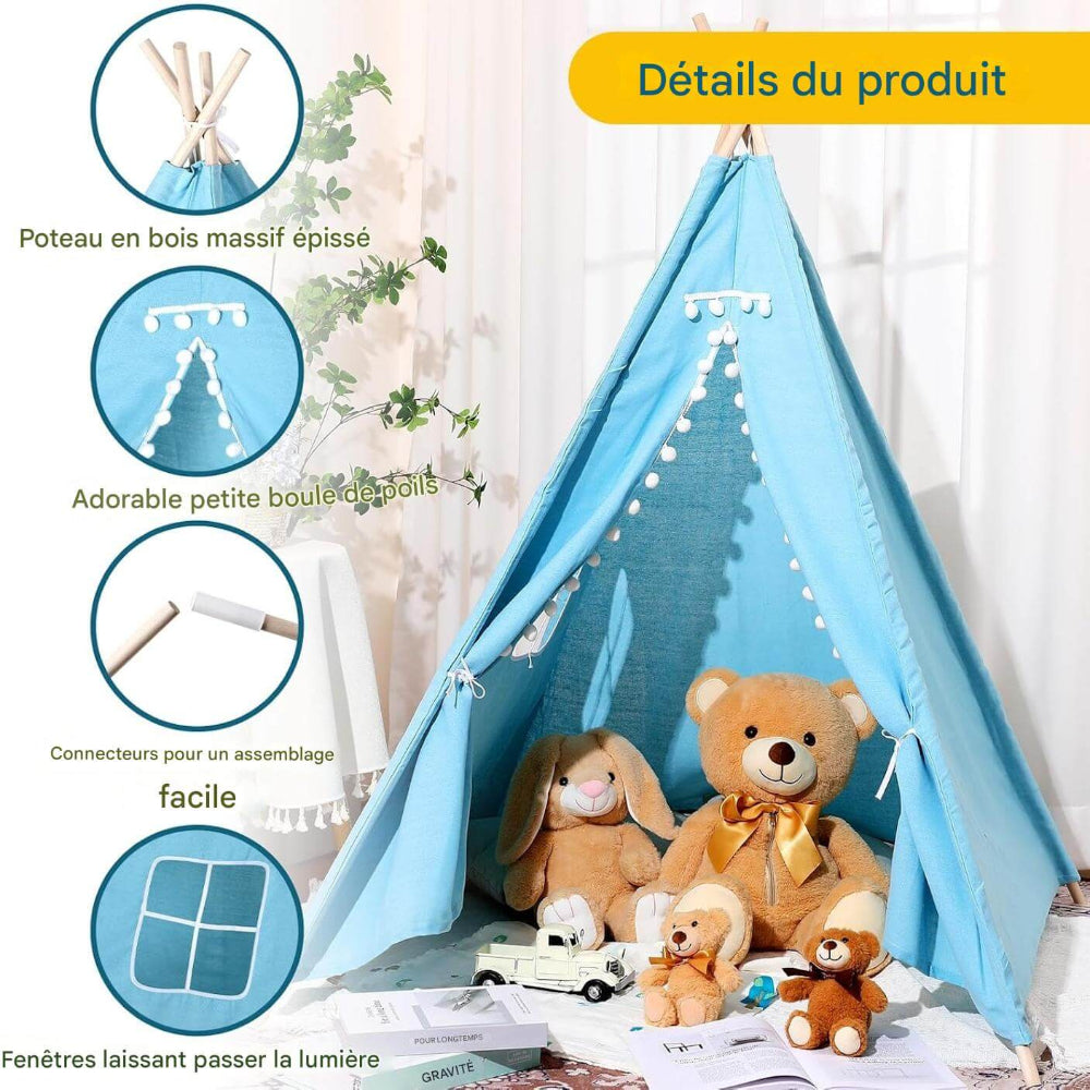 Zoom sur les coutures soignées et les finitions du tipi pour enfants