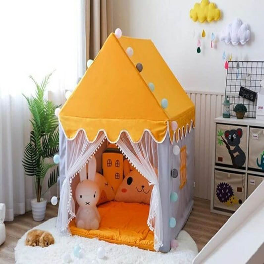Tente château pour enfants couleur jaune, idéale pour le jardin ou le camping