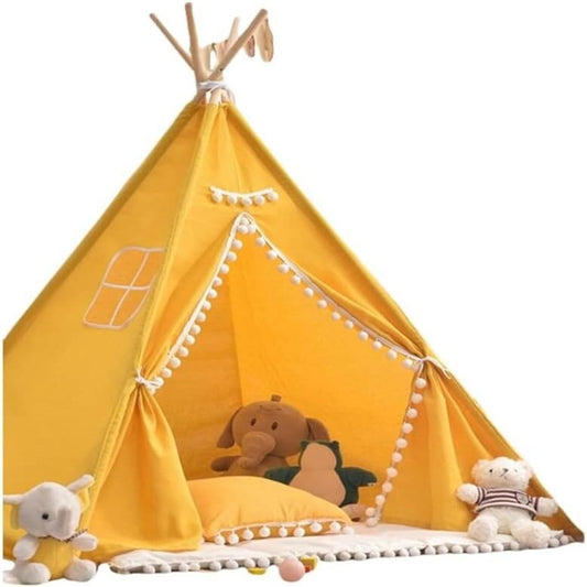 Tipi enfant jaune avec peluches, coin jeu doux et réconfortant