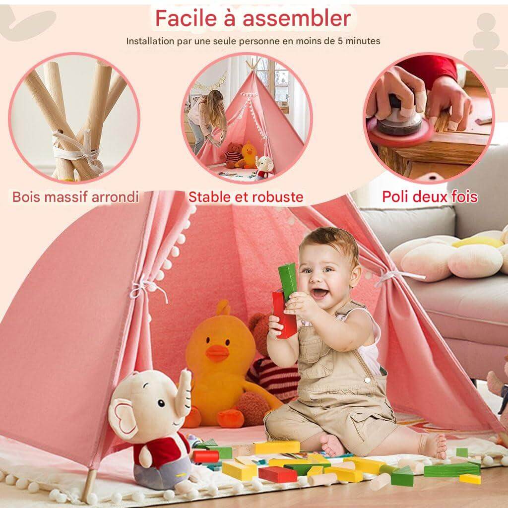 Montage simple du Tipi enfant - Royaume Rose™, étapes illustrées pour une installation rapide"