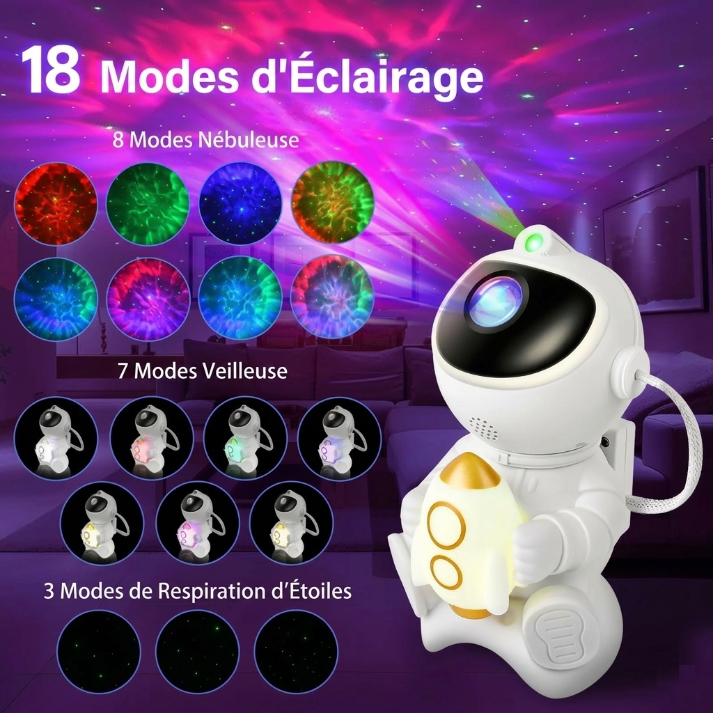 Veilleuse bébé projecteur astronaute Bluetooth avec 18 modes d’éclairage, projection de nébuleuses colorées et étoiles scintillantes pour créer une ambiance magique dans la chambre de bébé.