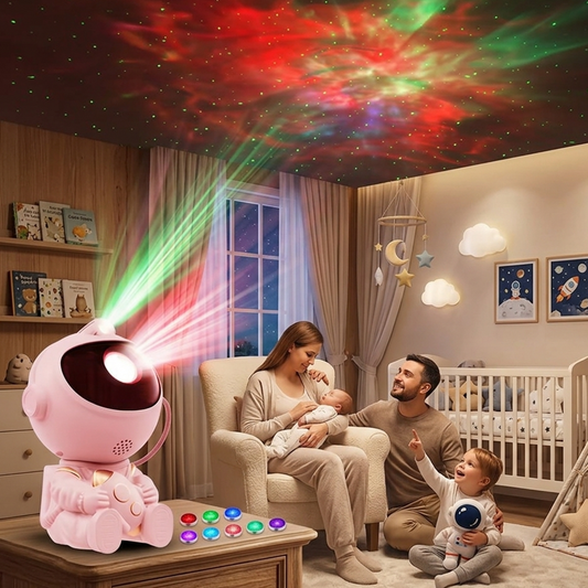 Veilleuse bébé projecteur astronaute Bluetooth projetant des étoiles scintillantes et des nébuleuses colorées dans la chambre de bébé pour créer une ambiance apaisante et favoriser un sommeil paisible.