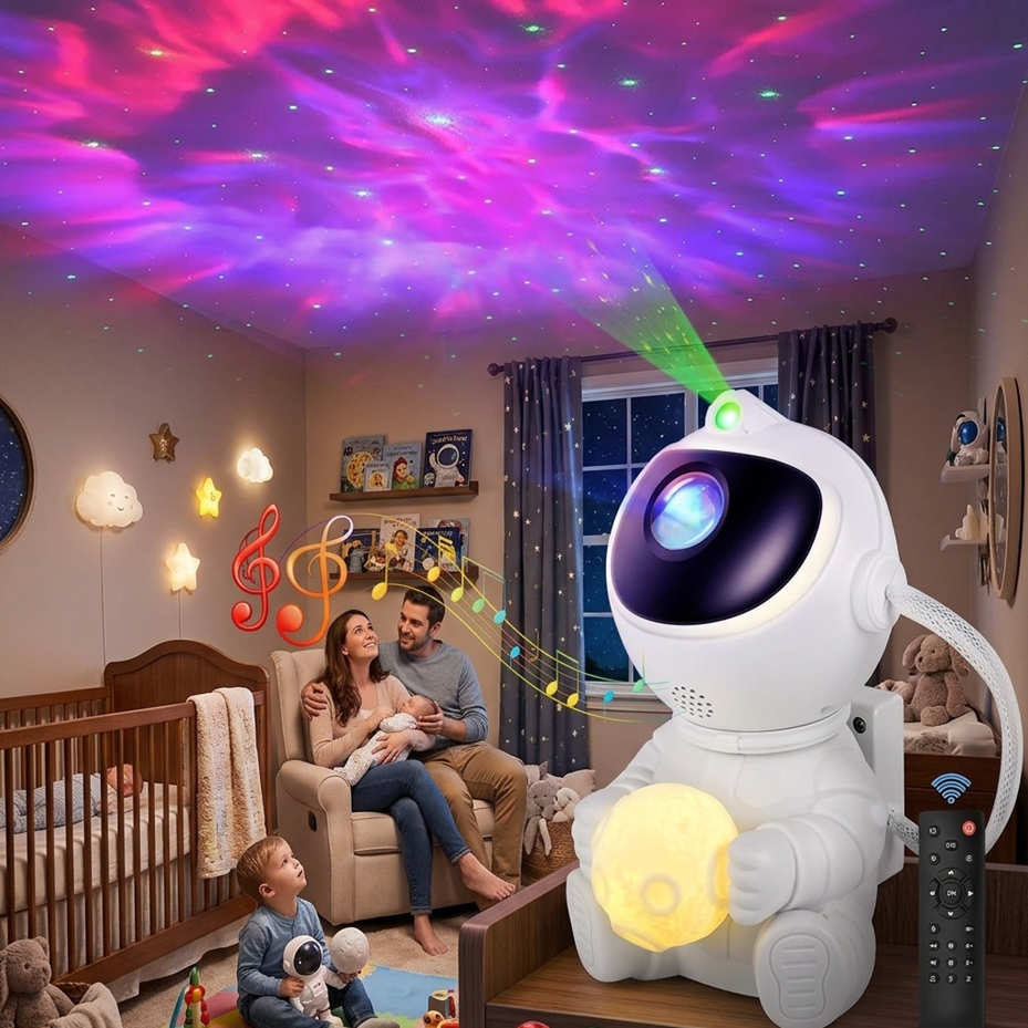 Veilleuse bébé projecteur astronaute Bluetooth avec ciel étoilé musical, projection de galaxies lumineuses et musique apaisante pour accompagner le sommeil de bébé et des enfants.