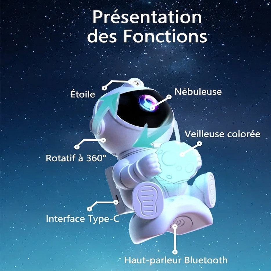 Veilleuse bébé projecteur astronaute Bluetooth avec rotation à 360°, projection de nébuleuses et étoiles, haut-parleur intégré et lumière douce pour chambre d’enfant.