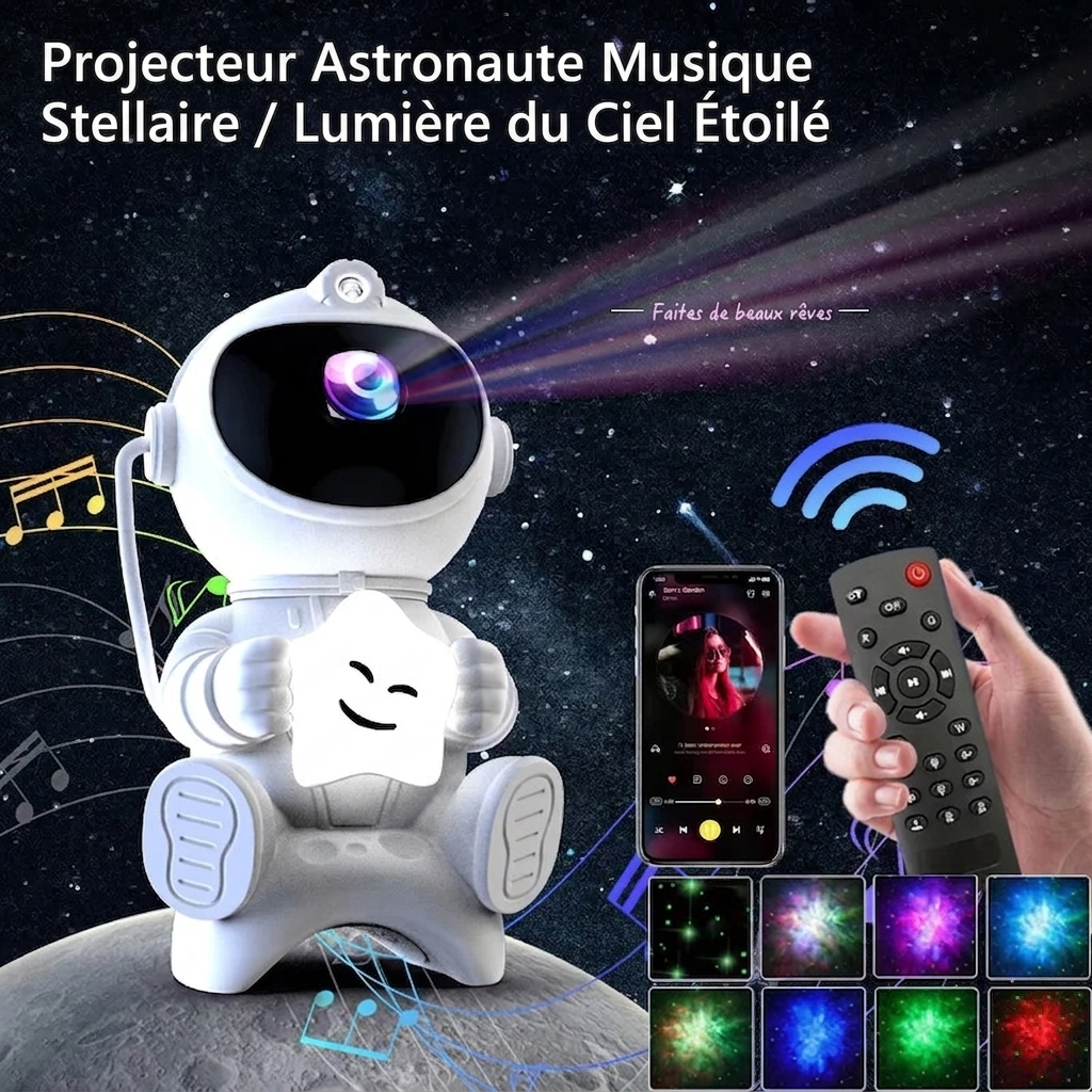 Veilleuse bébé projecteur astronaute Bluetooth avec musique intégrée, projection d’étoiles et nébuleuses colorées pour une chambre d’enfant apaisante et magique.